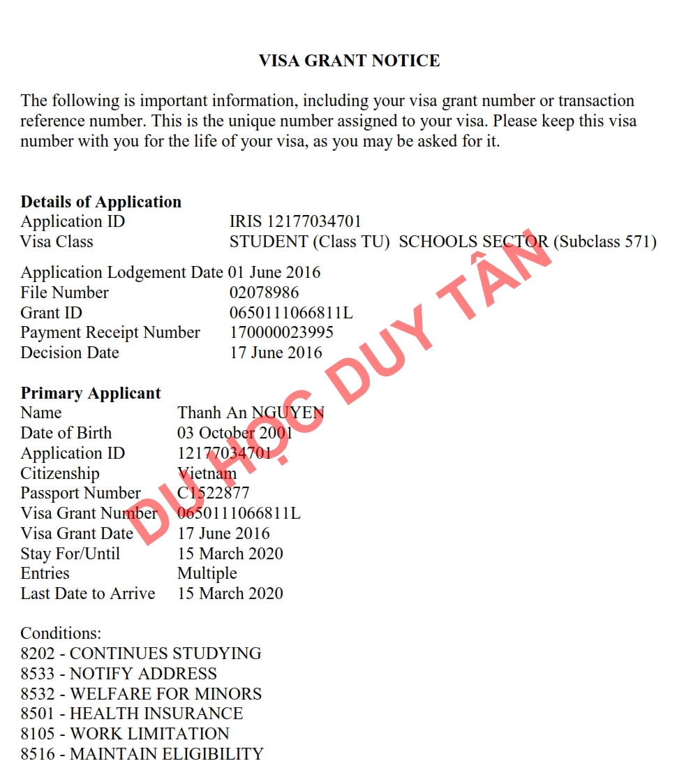 Du học Úc - Chúc mừng Nguyễn Thành An đã có visa du học Trung học bang NSW!